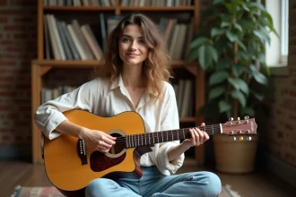 Femme jouant une guitare acoustique en fingerstyle, accords doux sur parquet en bois dans un studio home vintage