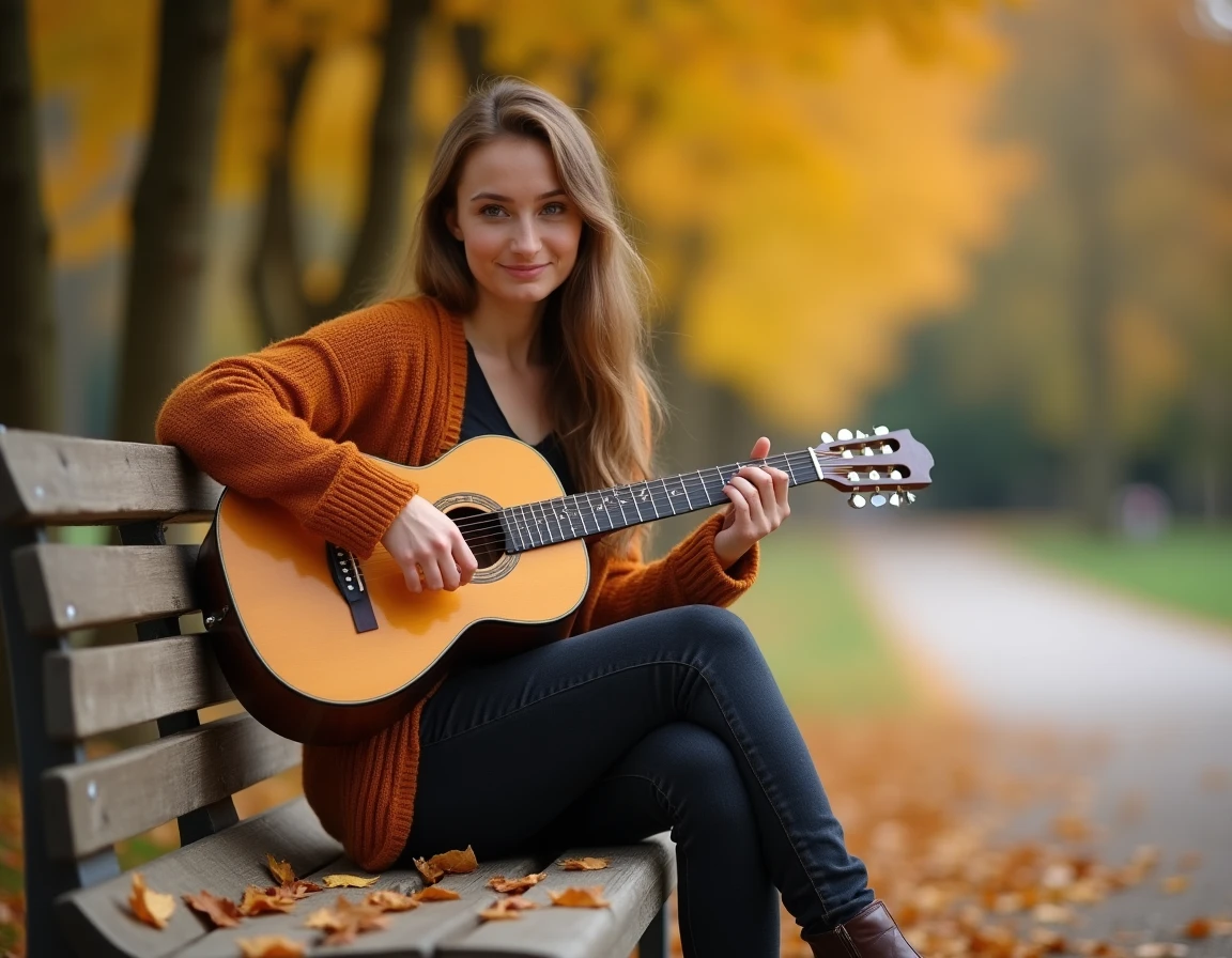 Jeune femme jouant de la guitare folk en fingerstyle assise sur un banc dans un parc automnal aux feuilles dorées