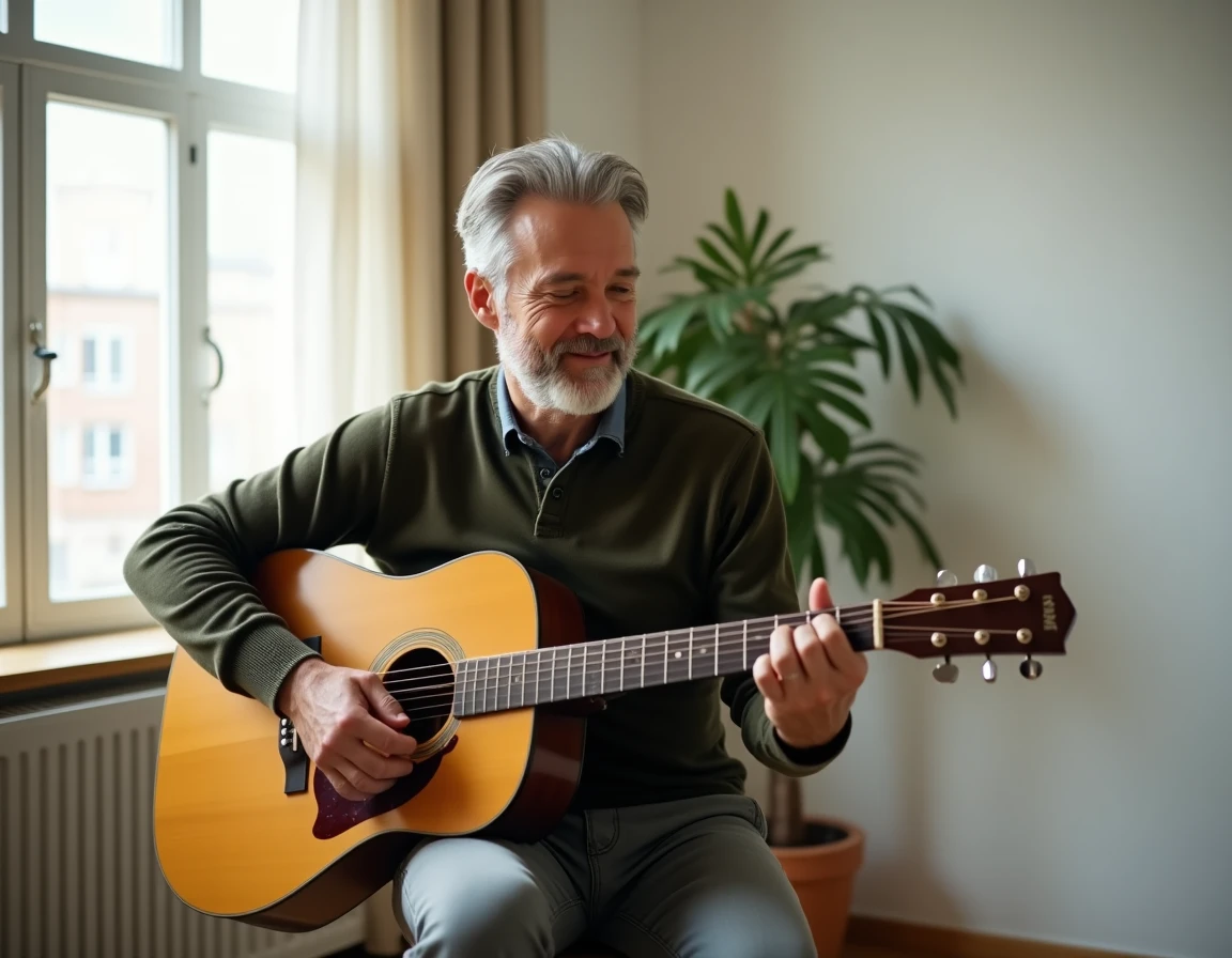 Homme d'âge mûr jouant de la guitare acoustique en fingerpicking près d'une fenêtre lumineuse dans un salon minimaliste