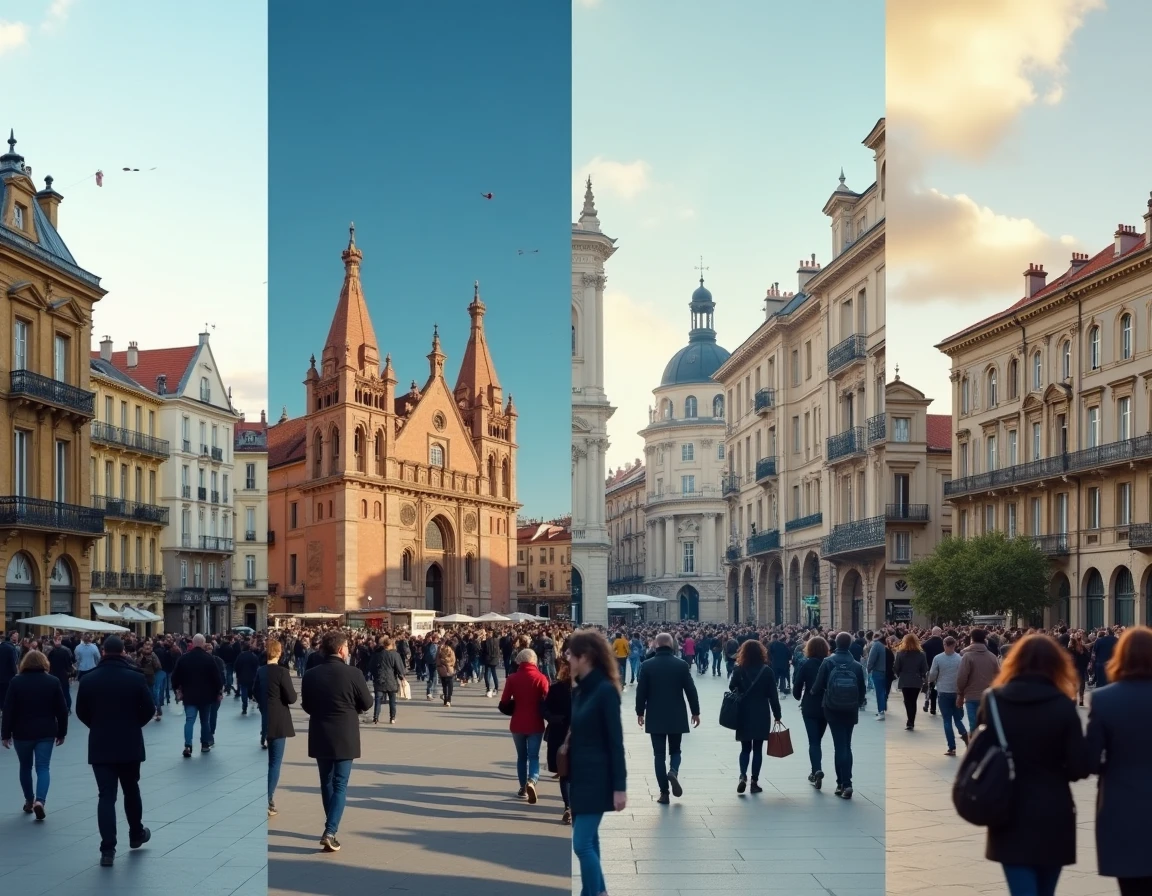 Comparaison visuelle des places publiques animées de Marseille, Lyon, Toulouse et Nice avec leurs habitants