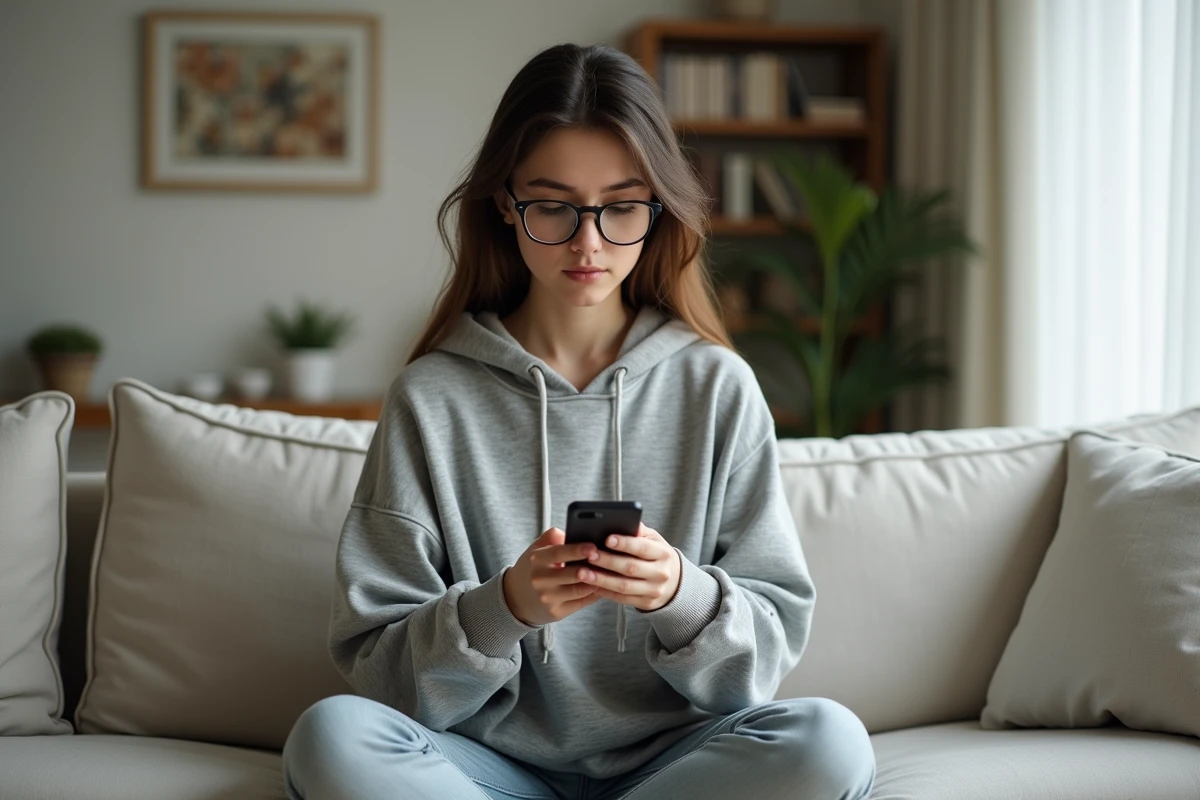 Jeune femme hésitant sur l'orthographe d'un mot en écrivant un message sur son smartphone dans son salon