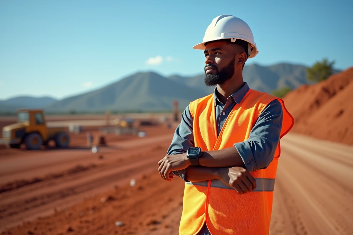 Travailleur en gilet de sécurité vérifiant l'heure sur sa montre près d'un chantier à Koné en Nouvelle-Calédonie