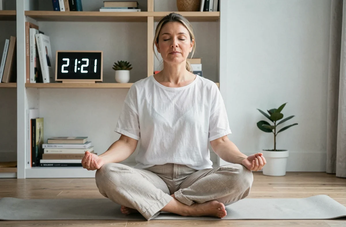 Femme en méditation dans un salon épuré avec une horloge affichant 21h21, évoquant la conscience spirituelle et l'intention d'agir