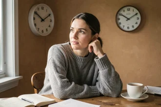 Femme pensive regardant une horloge affichant 21h21 dans un intérieur chaleureux, symbolisant la prise de conscience et la réflexion personnelle