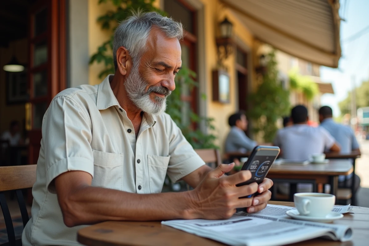 Homme mélanésien consultant un fuseau horaire sur son smartphone dans un café de Nouméa en Nouvelle-Calédonie
