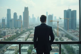 Homme d'affaires contemplant la ville en pleine croissance