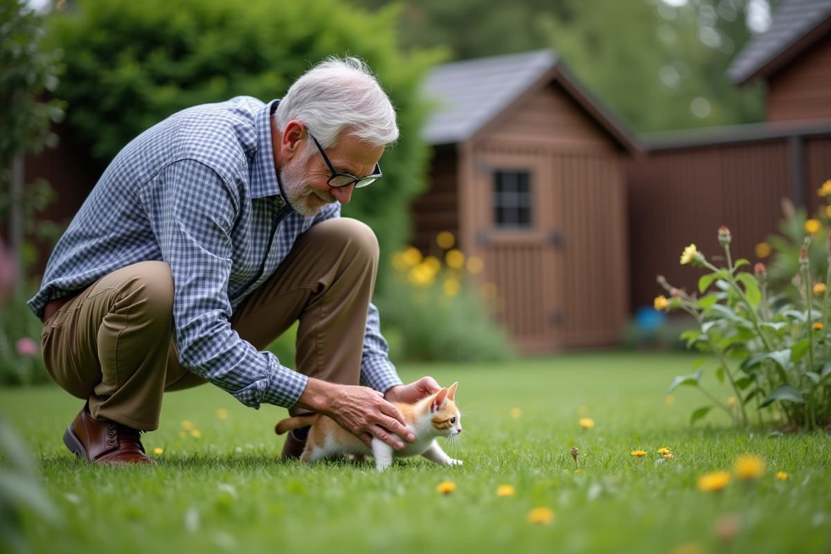 Homme âgé avec un chaton dans un jardin verdoyant