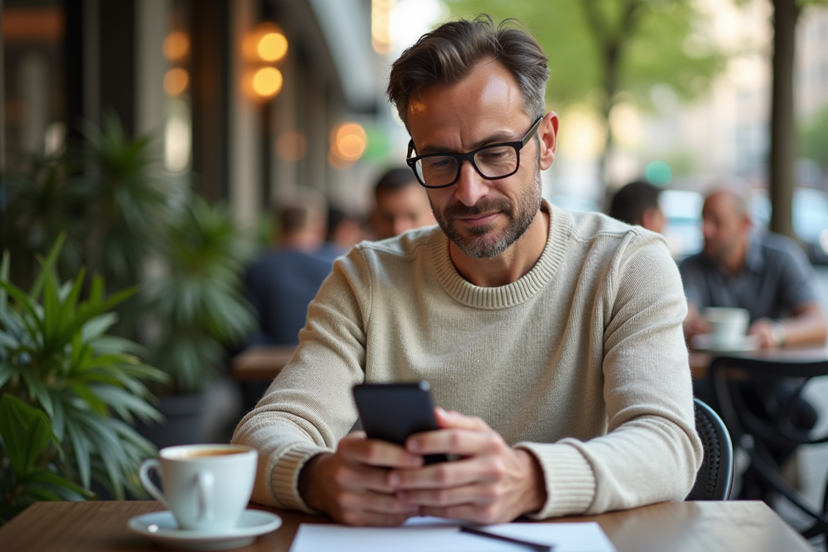 Homme utilisant son smartphone dans un café en plein air