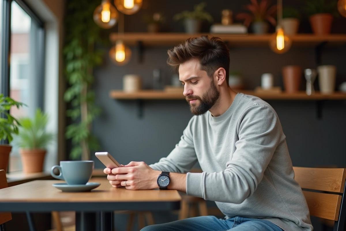 Homme en sweat et jeans dans un café moderne