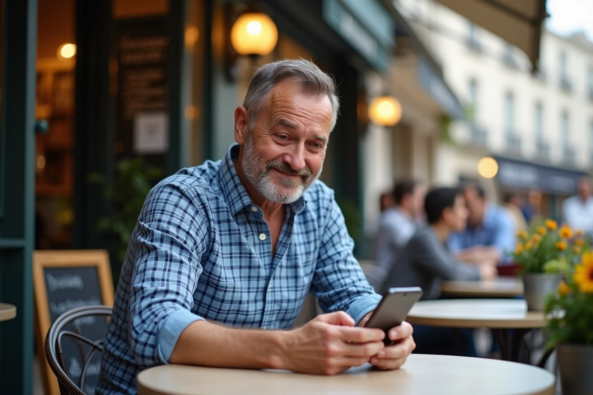 Homme assis en terrasse de café regardant son smartphone