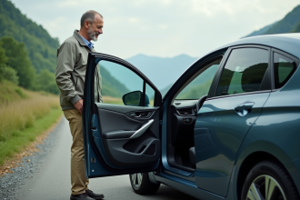 Homme d'âge moyen vérifiant le compteur d'une voiture hybride en campagne