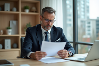 Homme d'âge moyen en costume étudiant un contrat de prêt immobilier