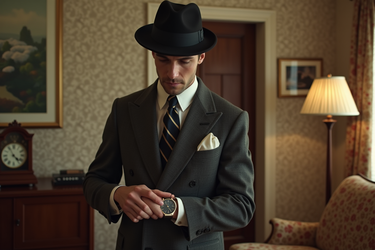 Homme en costume des années 1950 ajustant sa montre dans un salon