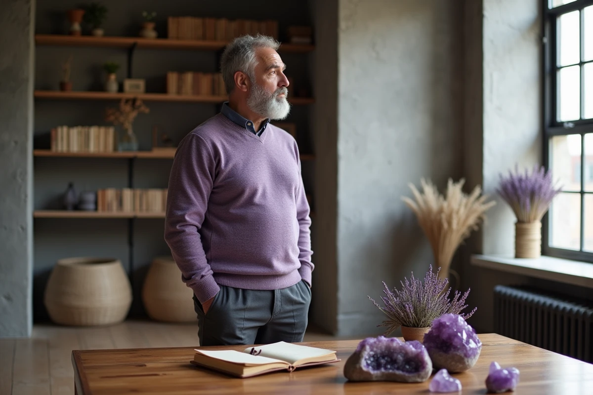 Homme contemplatif entouré de cristaux d'améthyste et de lavande dans un studio minimaliste, évoquant la spiritualité de l'aura violette