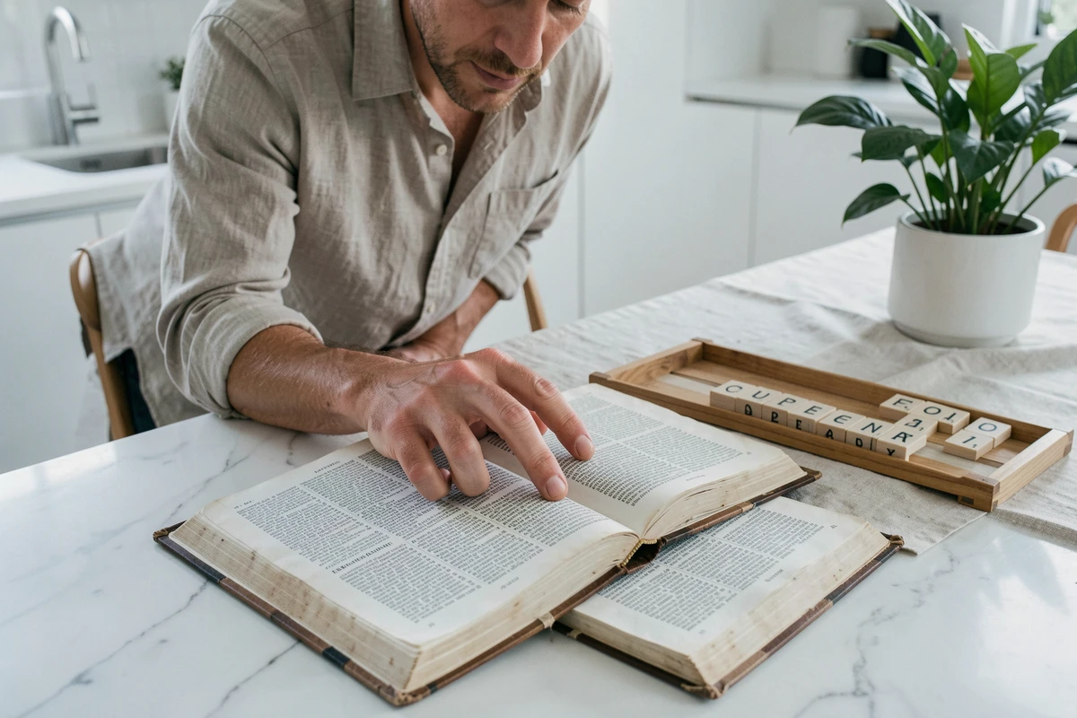 Homme consultant le dictionnaire officiel du Scrabble ODS pour vérifier un mot valide lors d'une partie