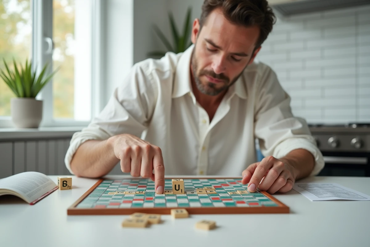 Homme consultant un dictionnaire Scrabble officiel pour vérifier des mots de deux lettres acceptés, cuisine moderne