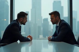 Deux hommes en costume se font face dans une salle de réunion moderne, illustrant la tension et la compétition humaine dans un contexte professionnel