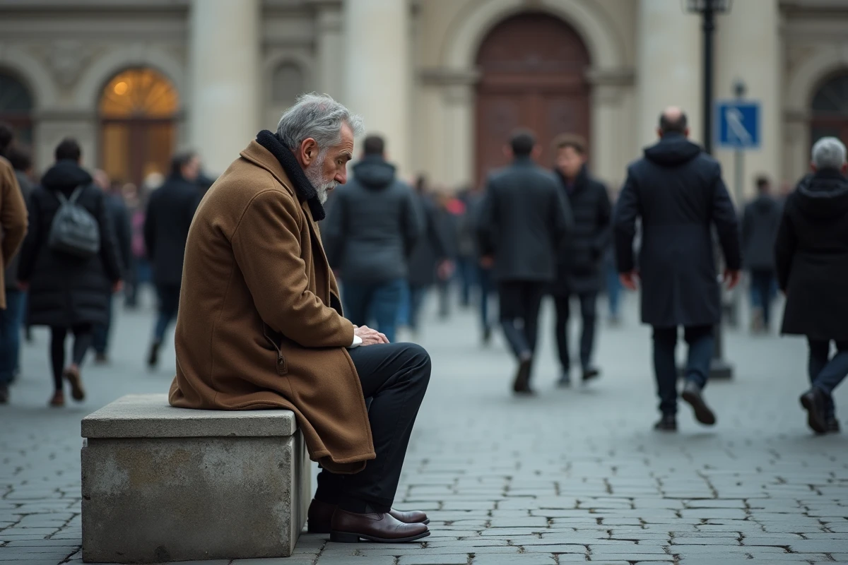 Un homme solitaire assis sur un banc de pierre ignoré par la foule dans une place publique européenne, évoquant l'indifférence sociale et l'isolement humain