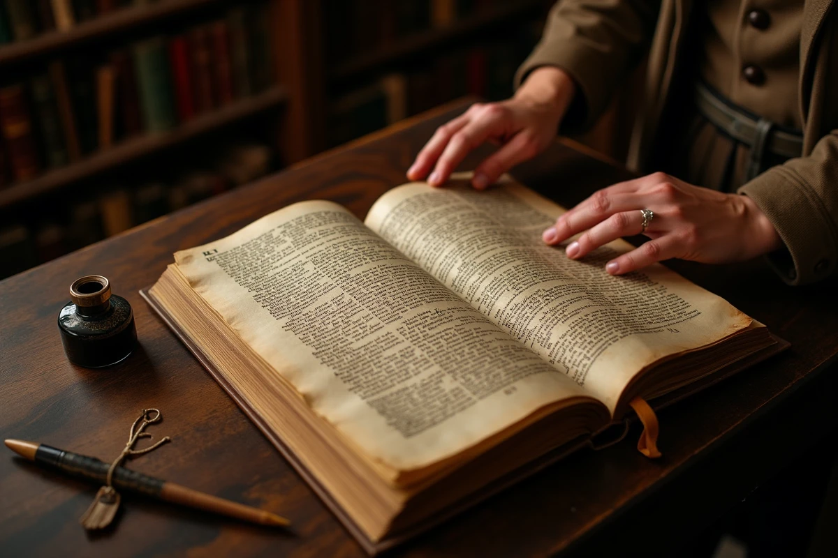 Manuscrit latin ancien ouvert sur un bureau en bois sombre avec des mains tenant les pages, illustrant l'origine latine de l'expression homo homini lupus
