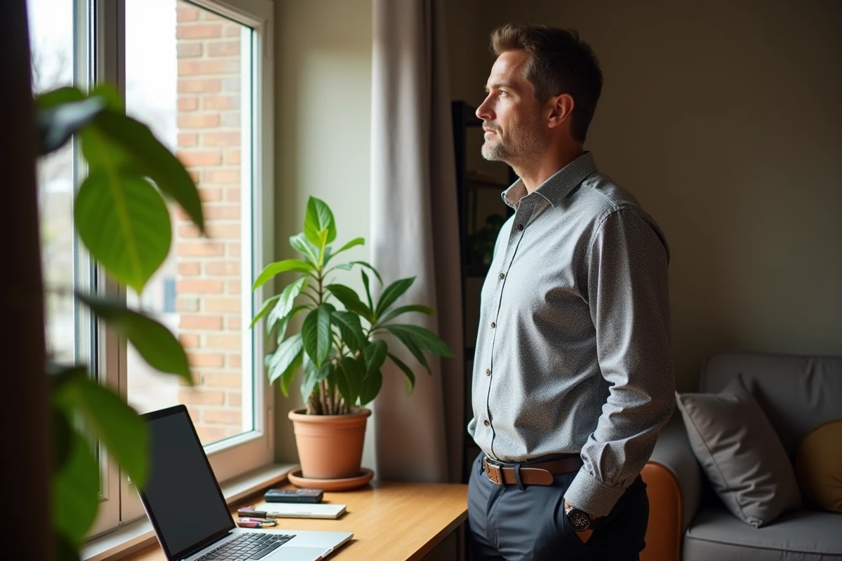 Homme d age moyen dans un bureau à domicile contemplant la vue