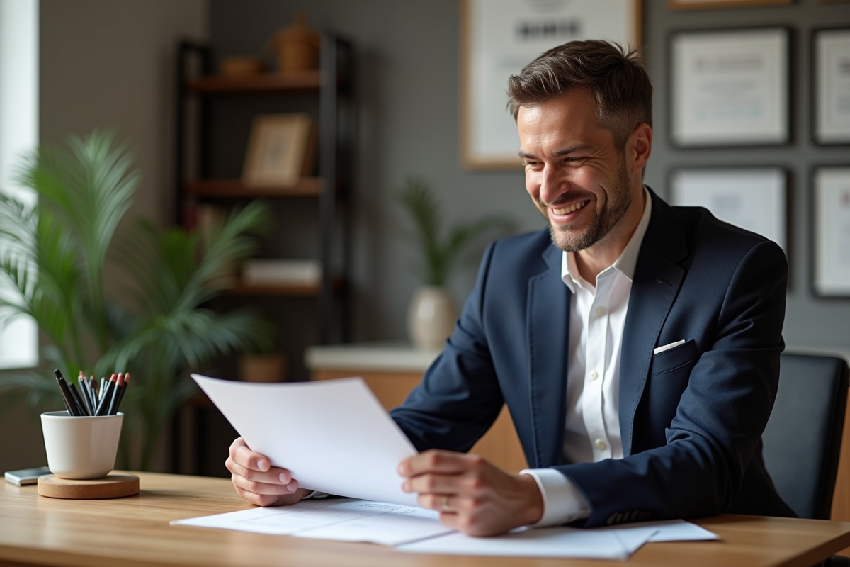 Homme en costume dans un bureau étudiant ses documents immobiliers