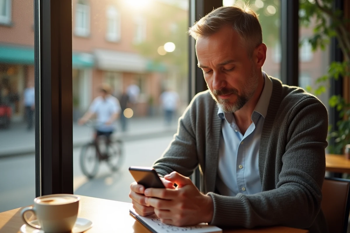 Homme jouant à un jeu de mots sur son smartphone au café