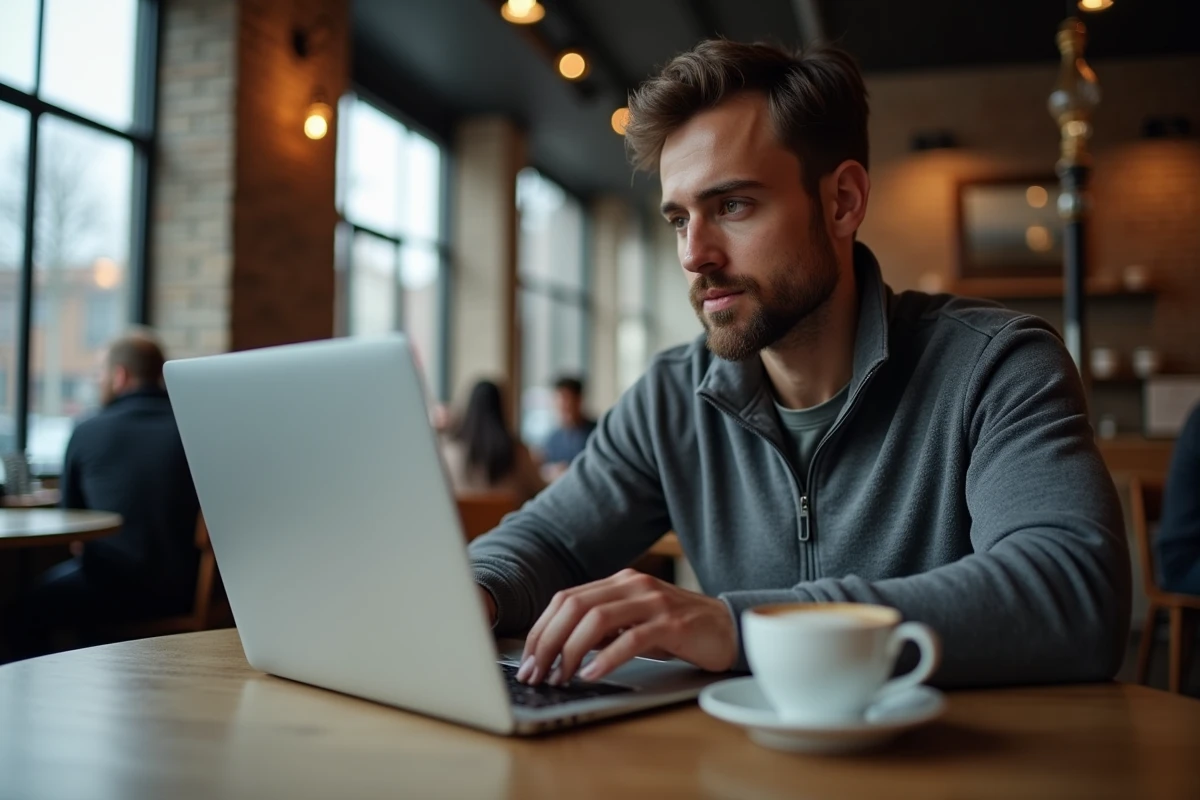 Homme consultant un site de lecture de scan manga sur son ordinateur dans un café urbain moderne