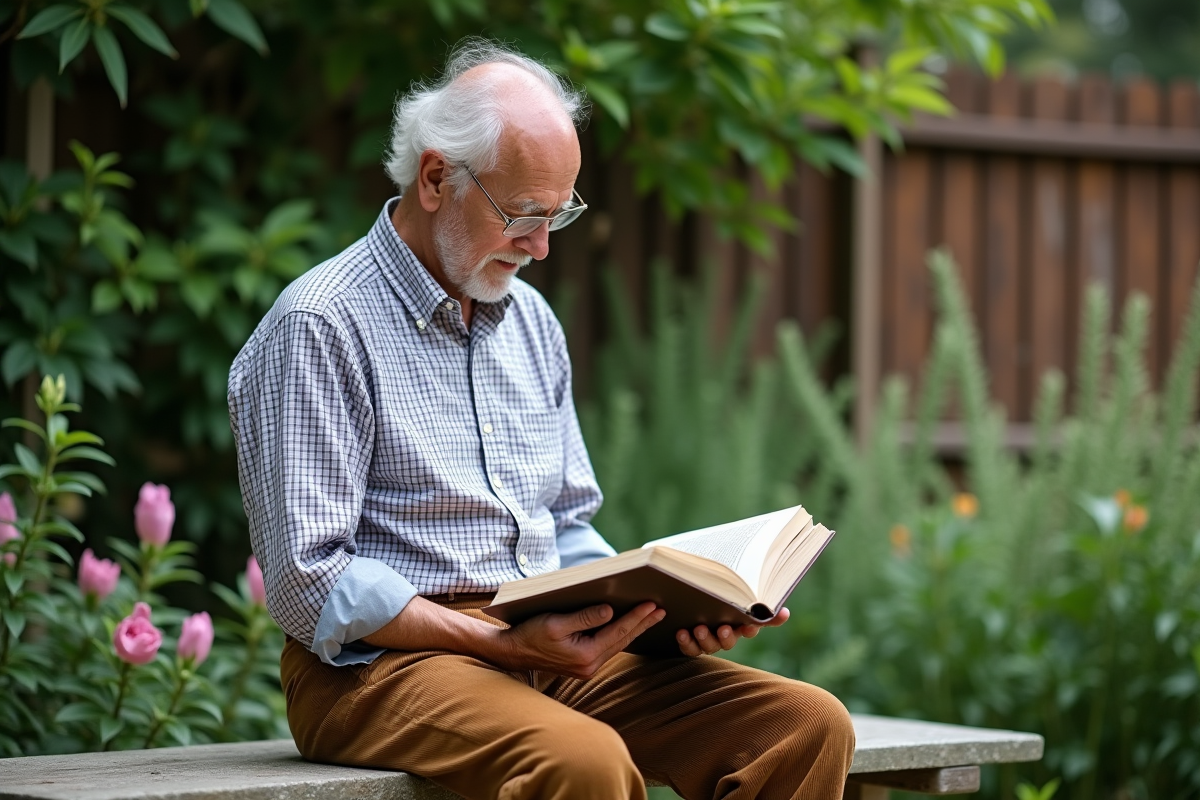 Homme âgé lisant un livre sur les plantes médicinales