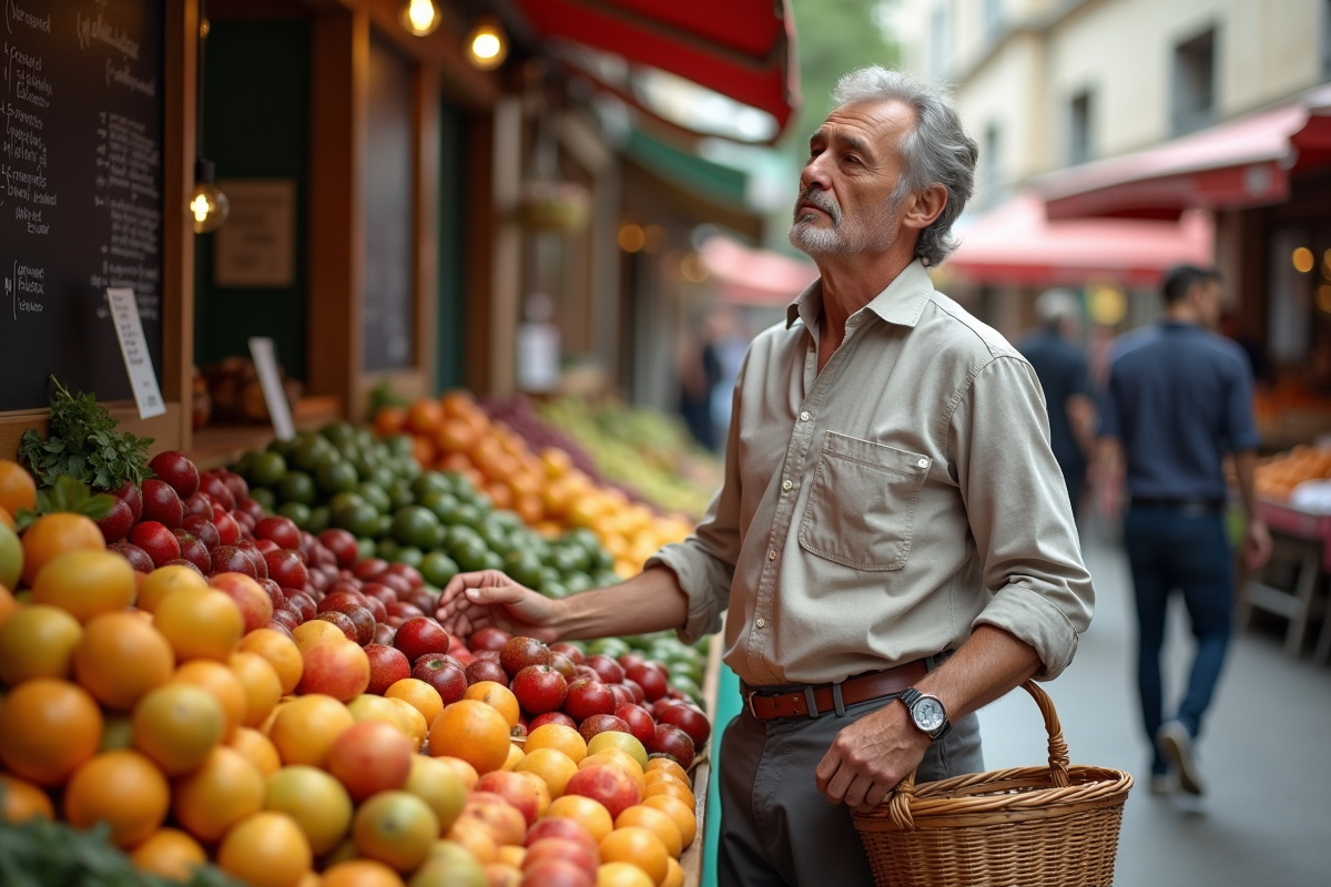 Homme français comparant des produits bio au marché