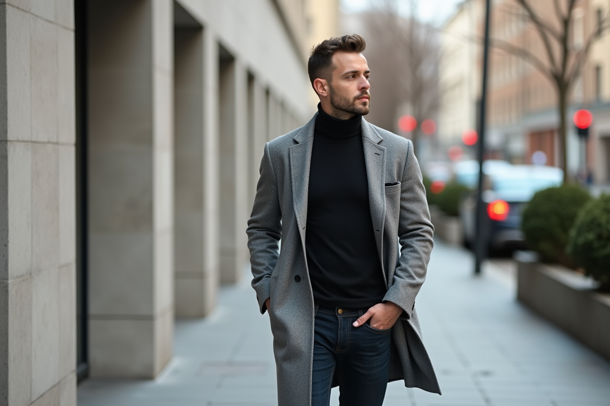 Homme en manteau gris marchant dans une ville minimaliste