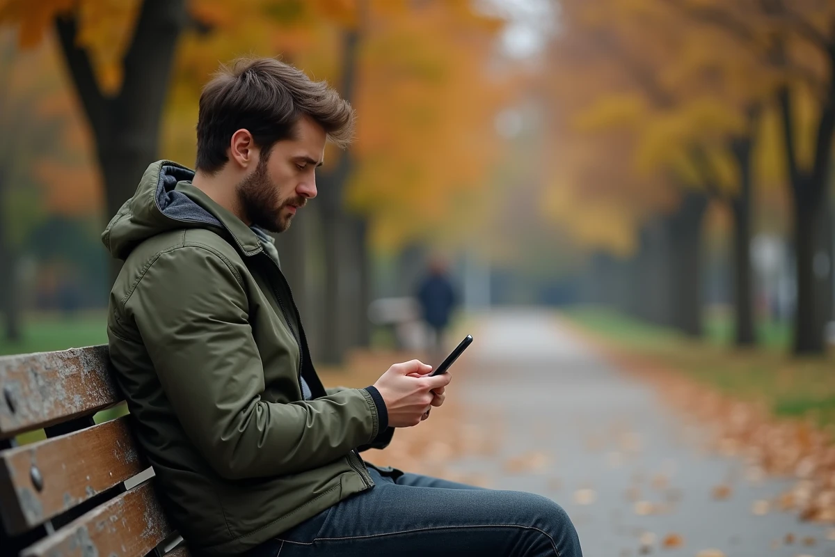 Homme seul sur un banc de parc lisant un message sur son téléphone avec une expression songeuse, évoquant l'ambiguïté entre amitié profonde et message banal