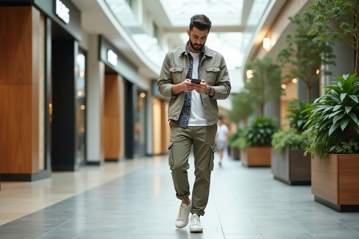 Homme en vêtements décontractés dans un centre commercial moderne
