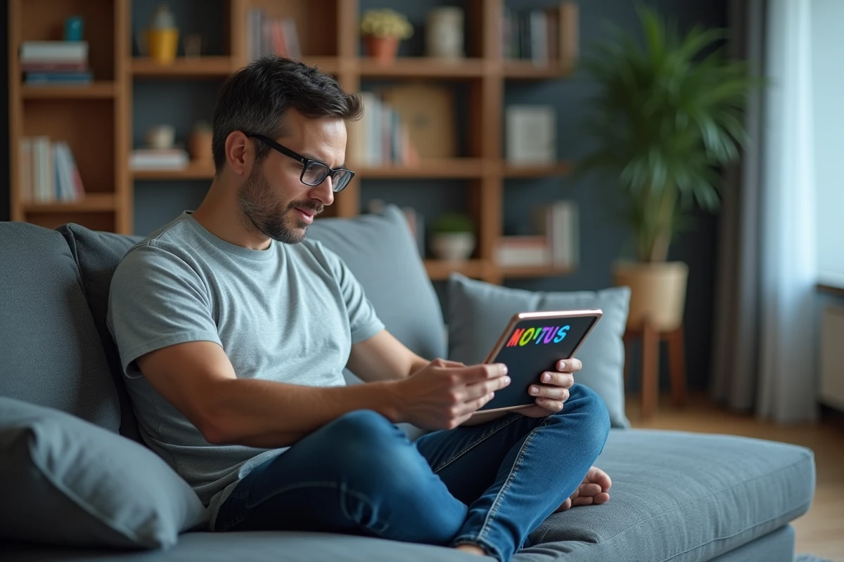 Homme jouant au jeu Motus sur tablette dans un salon moderne et détendu
