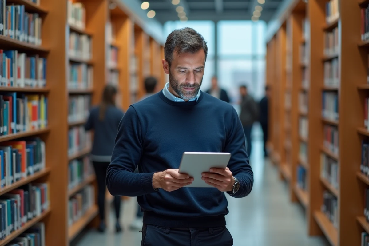 Homme parcourant un site d'informations structuré sur une tablette dans une bibliothèque moderne