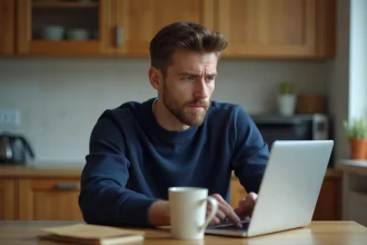 Homme regardant son ordinateur avec inquiétude sur le suivi de colis