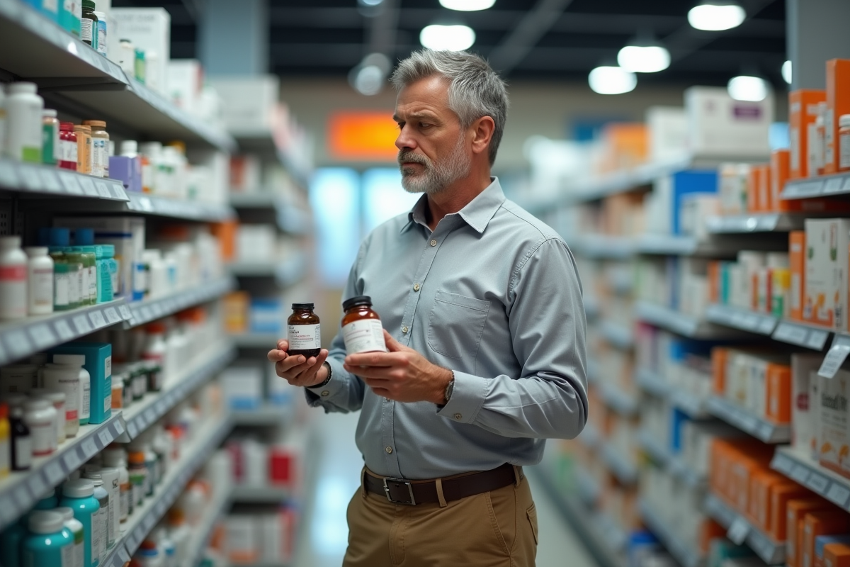 Homme comparant des emballages de compléments en pharmacie