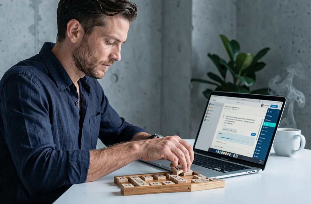 Homme cherchant des anagrammes pour le Scrabble sur ordinateur avec un chevalet de lettres en bois posé sur un bureau moderne