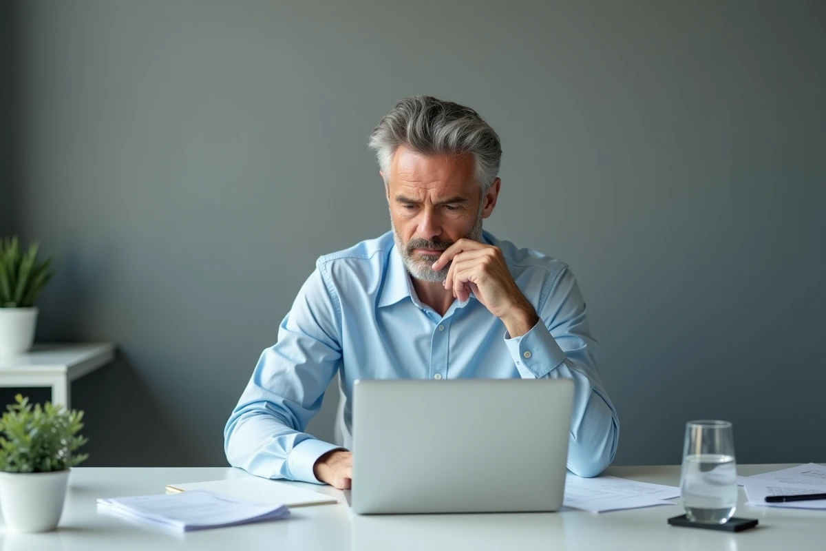 Homme concentré rédigeant un email professionnel sur ordinateur portable dans un bureau minimaliste