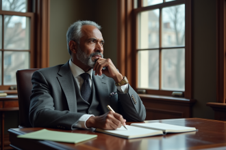 Homme mature en costume gris regardant par la fenêtre