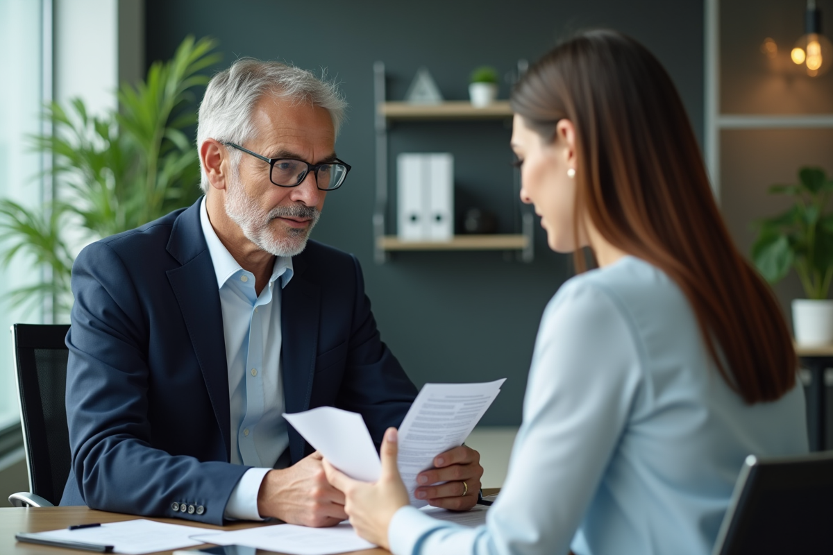 Homme d'âge moyen en costume bleu avec une responsable RH