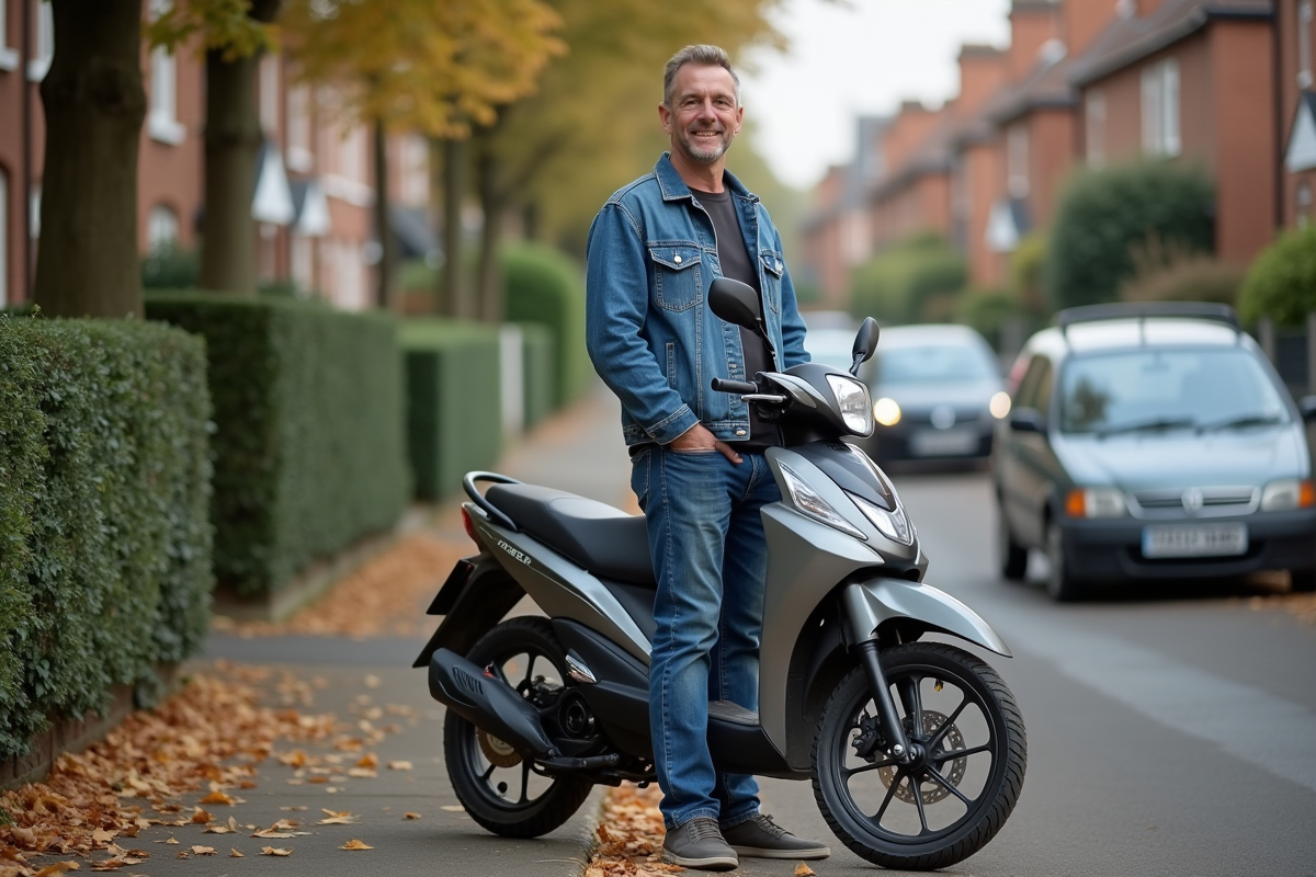 Homme souriant avec Honda Dax 125 sur rue résidentielle