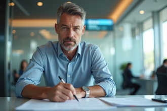 Homme d'âge moyen remplissant un formulaire bancaire