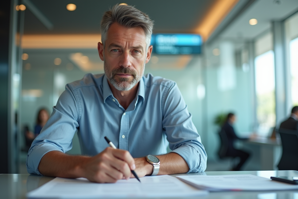 Homme d'âge moyen remplissant un formulaire bancaire