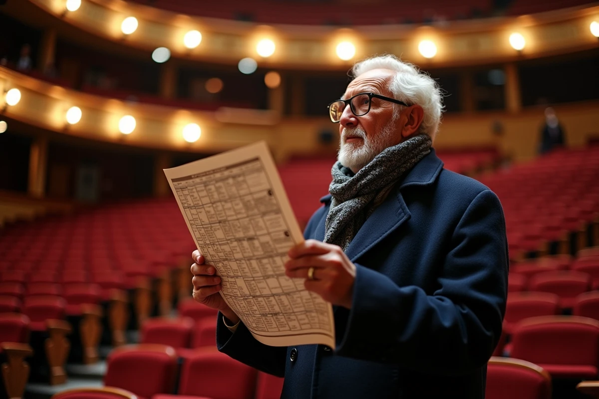 Homme age regarde plan de salle au theatre Mogador