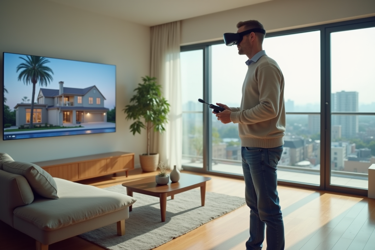 Homme en VR explorant une visite immobilière dans un salon lumineux