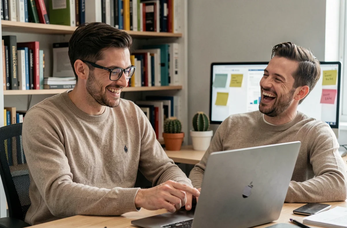 Deux collègues masculins partageant un moment d'humour détendu dans un bureau individuel devant un ordinateur portable