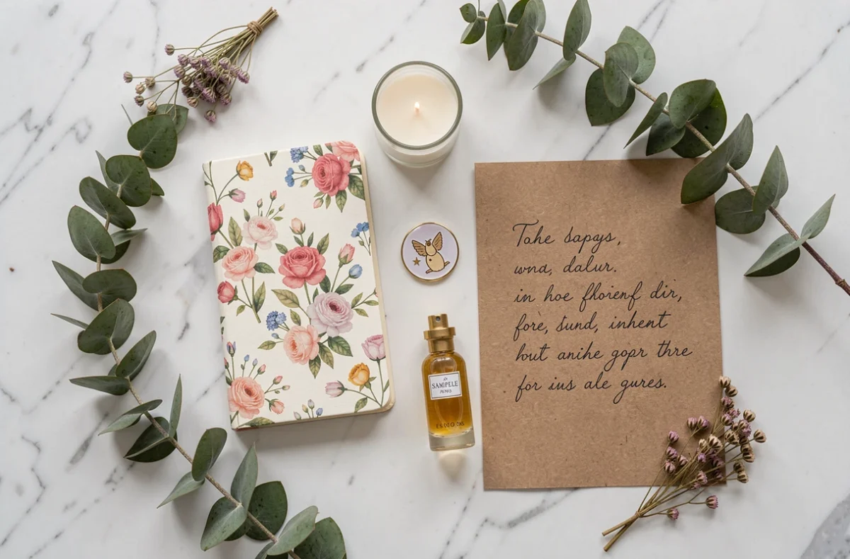 Flat lay de petits cadeaux originaux pour femme à moins de 5 euros sur marbre blanc avec éléments botaniques
