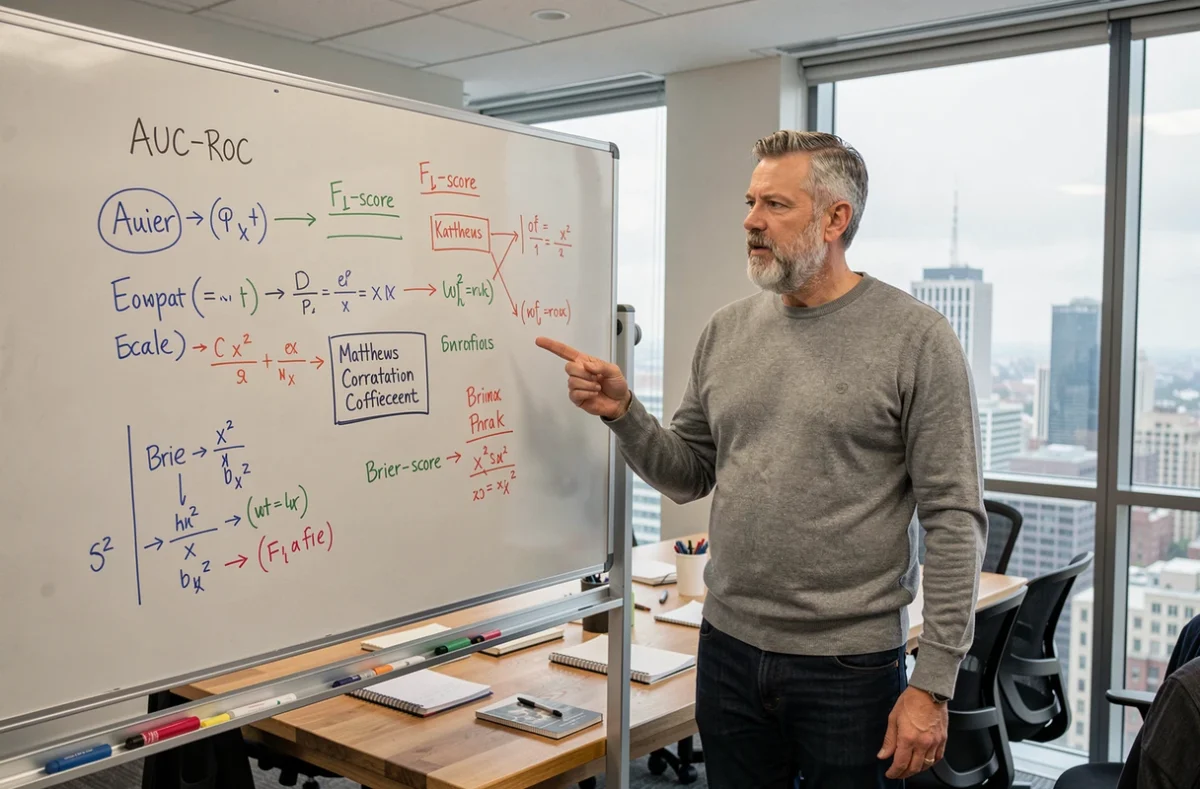 Ingénieur machine learning expliquant les différentes métriques d'évaluation de modèles IA devant un tableau blanc avec formules et diagrammes comparatifs