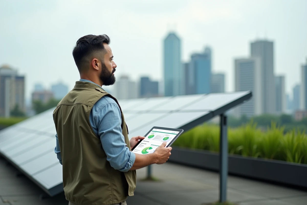 Professionnel inspectant des panneaux solaires sur un toit urbain avec un rapport d'audit de durabilité sur tablette