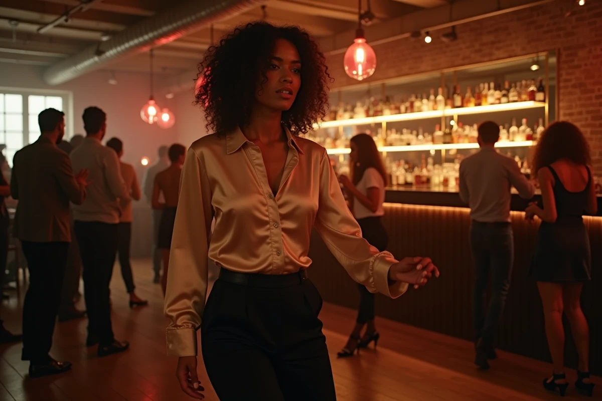 Femme dansant dans une boîte de nuit animée du centre-ville de Lille avec décor industriel et bar en arrière-plan